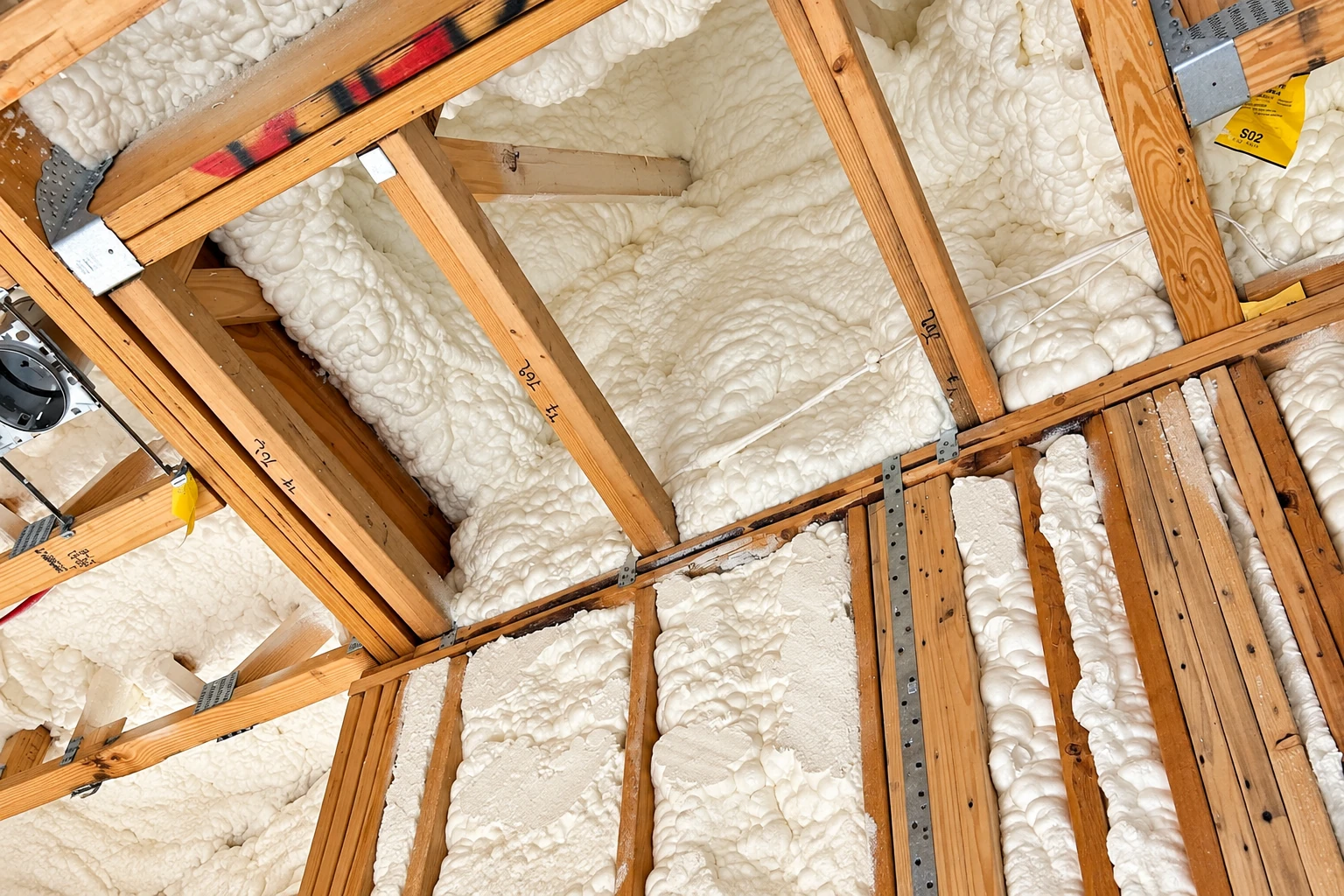 Exposed roof framing and cavities are coated with uneven white spray foam insulation.