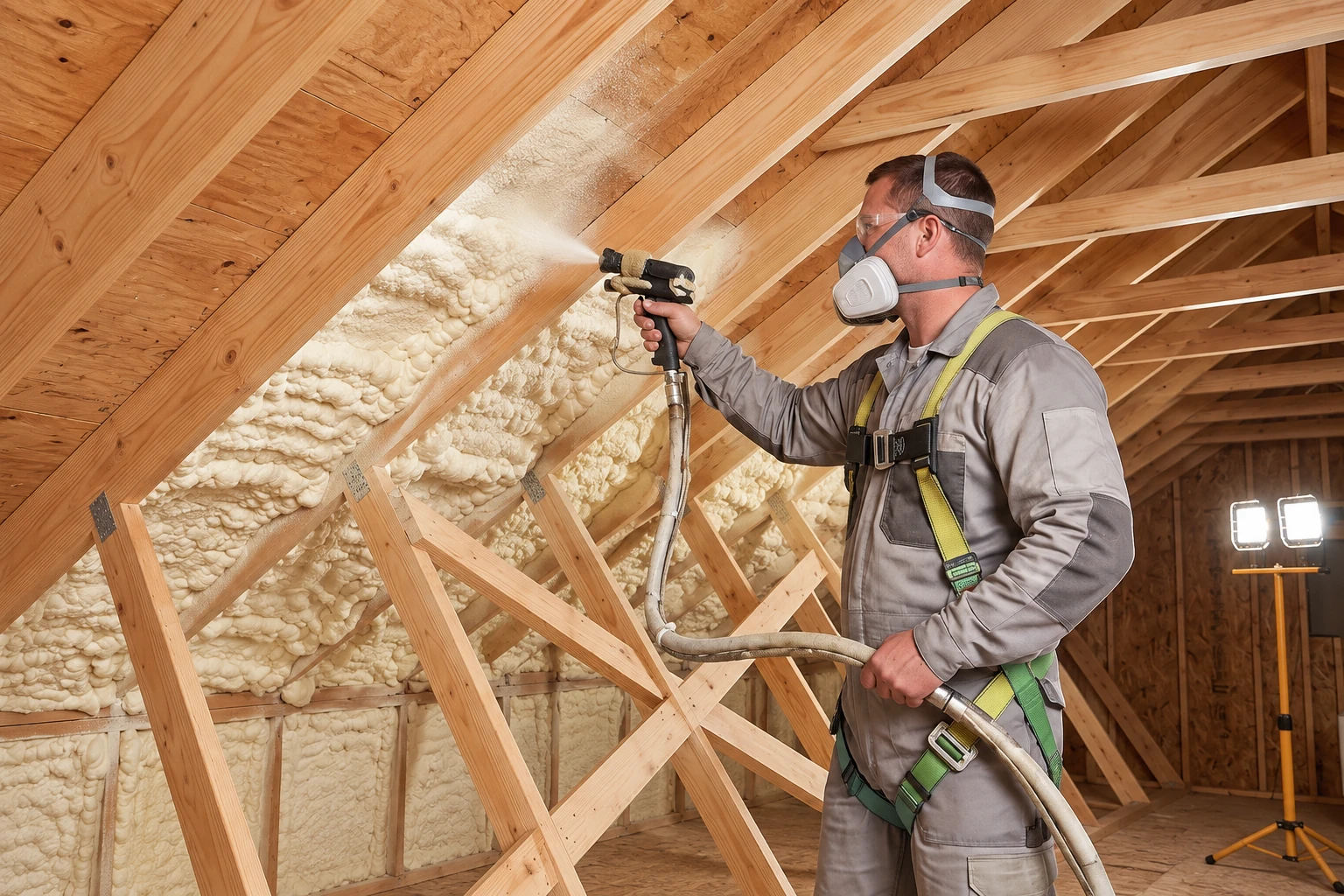 A worker in protective gear sprays foam insulation between exposed attic rafters.