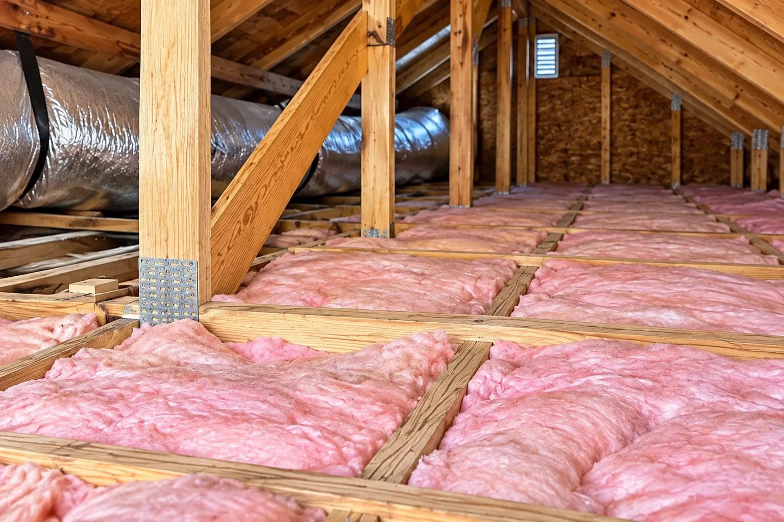 Pink batt insulation fills the attic floor between wooden joists beneath exposed rafters and ductwork.