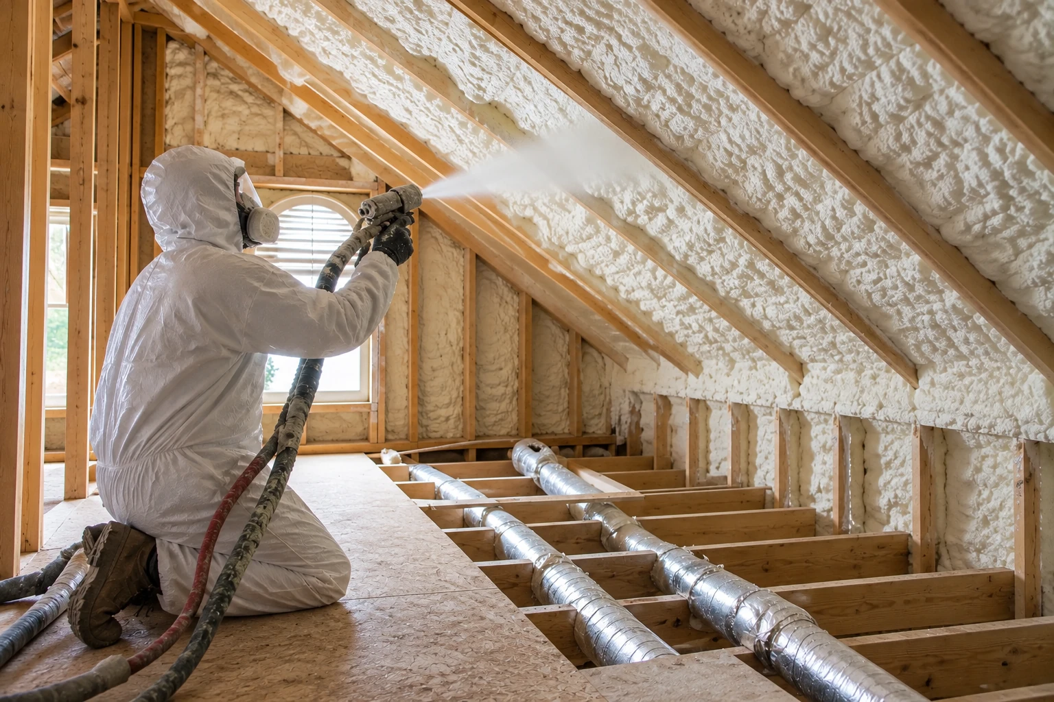 A worker in protective coveralls sprays foam along the sloped roof of an unfinished attic.