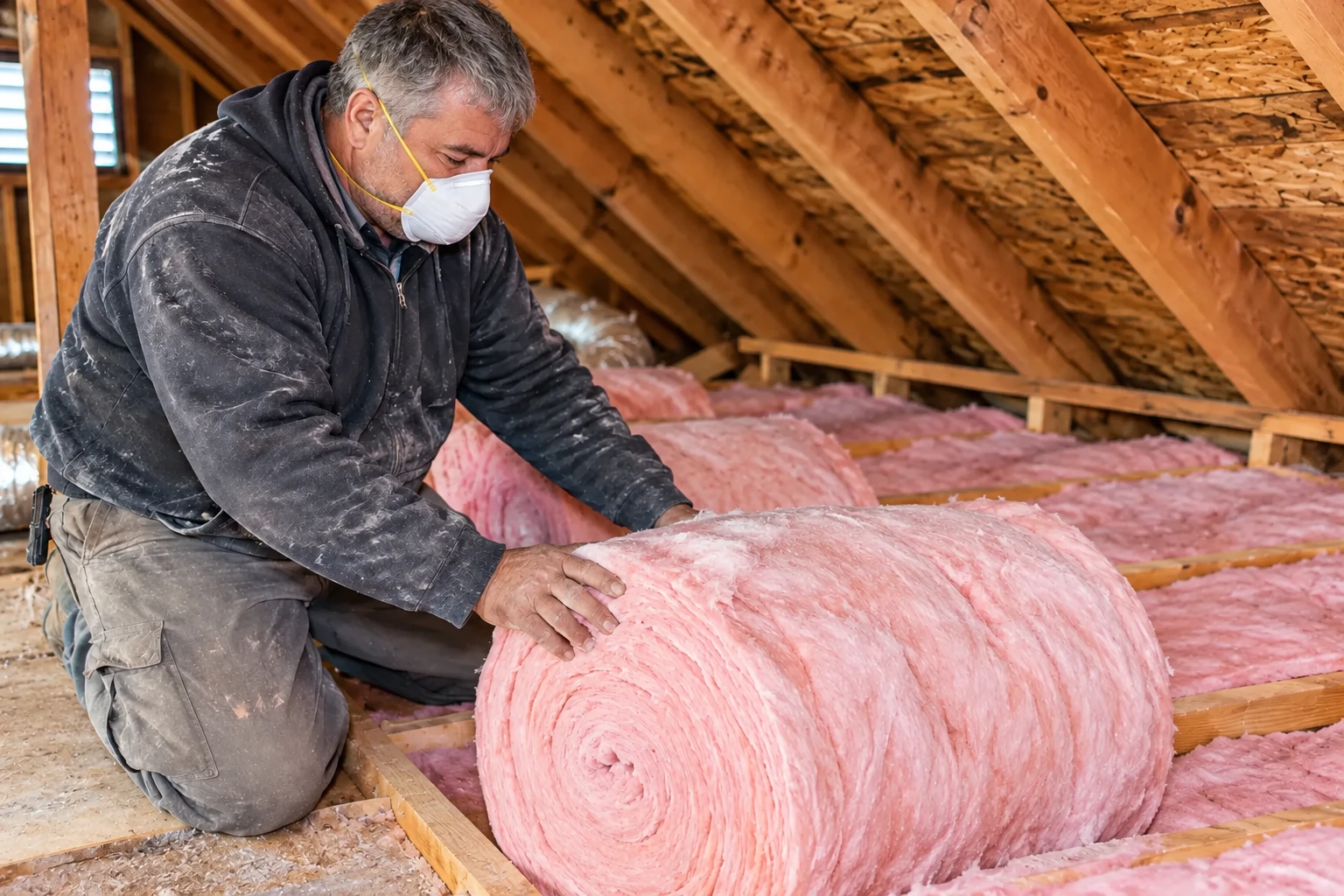 A masked worker kneels in an attic, positioning a large roll of pink fiberglass insulation between wooden joists.