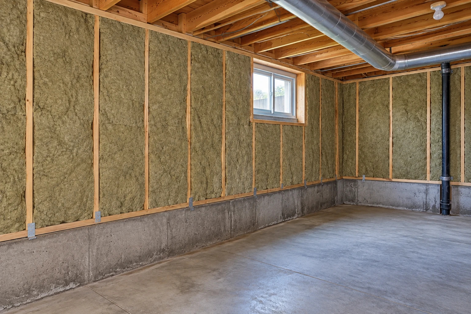 Basement walls are insulated with gray-green batts between wooden studs above a concrete foundation.
