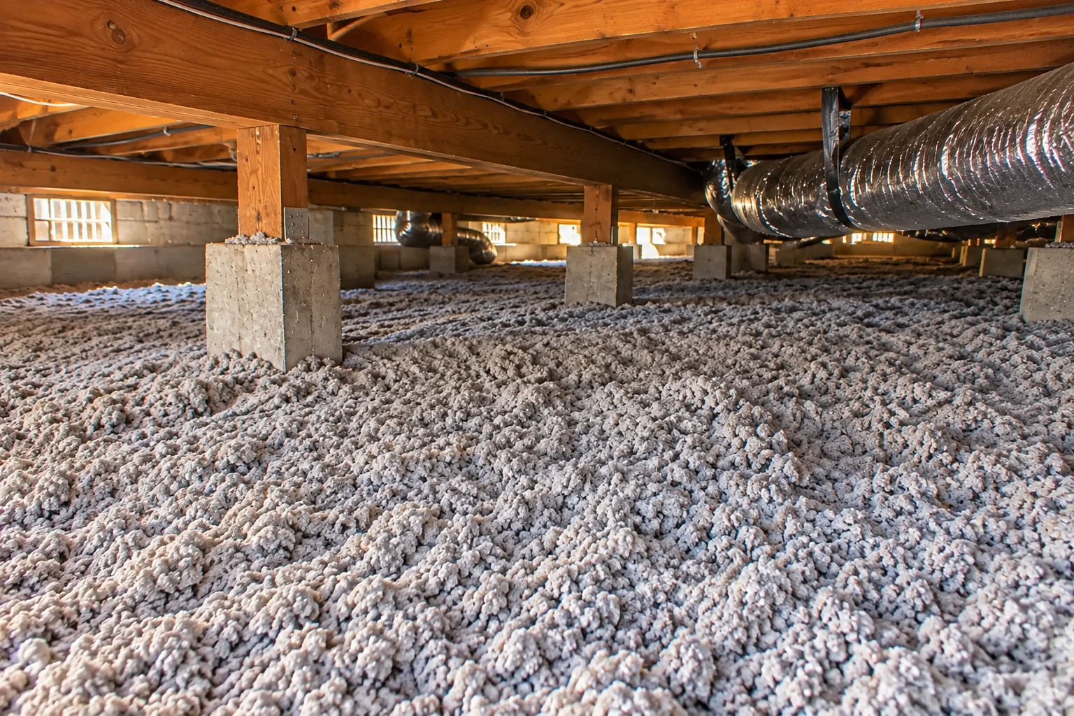 Loose blown-in insulation covers a crawl space floor beneath wooden beams and a large duct.