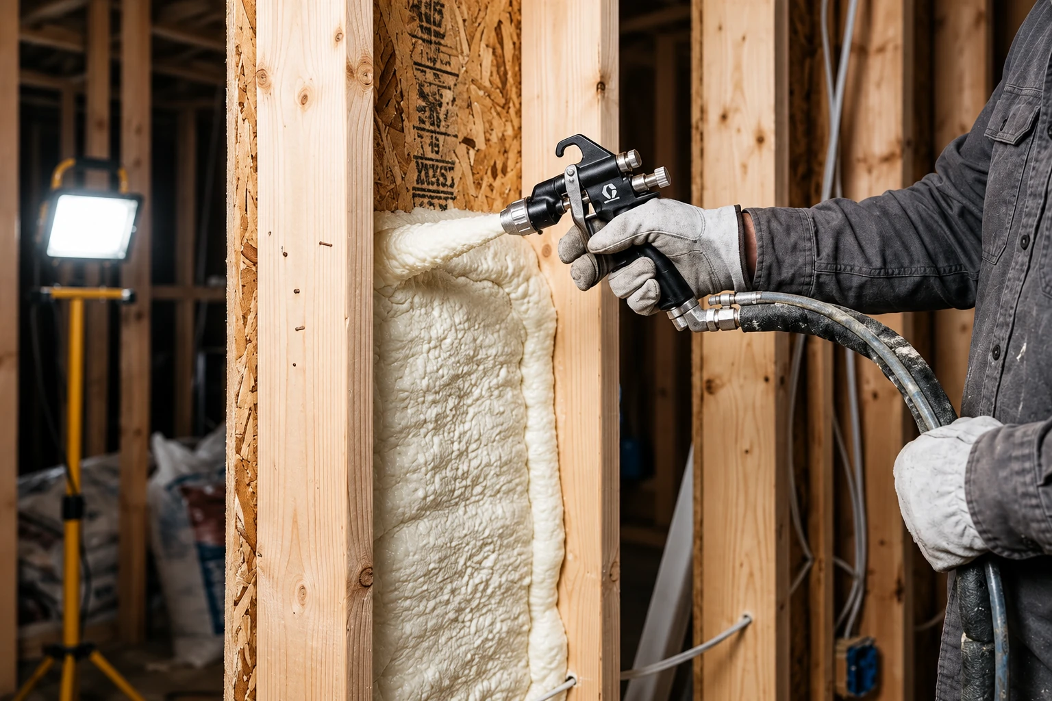 Worker sprays white closed-cell foam insulation into a wooden wall cavity.