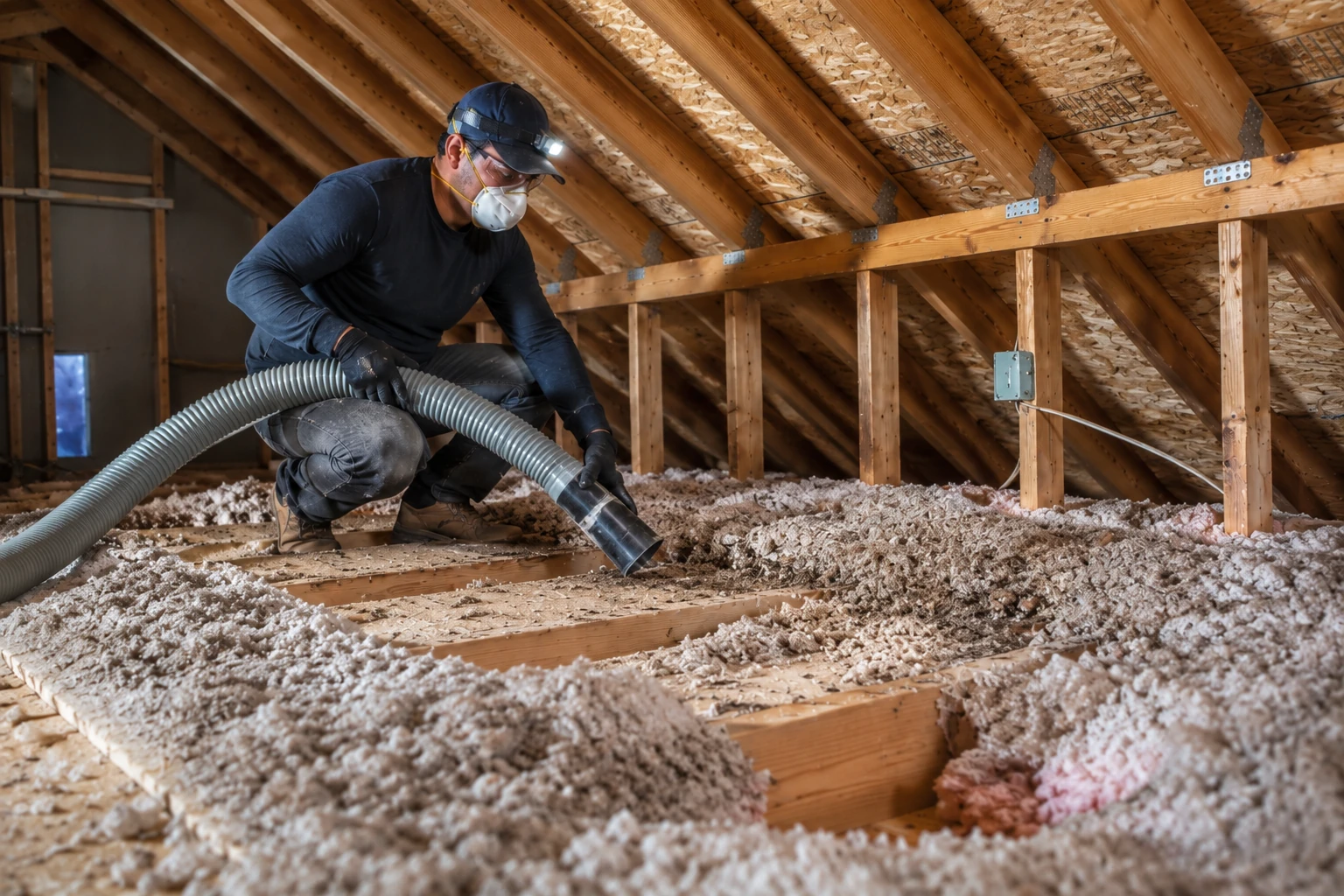 A worker wearing a respirator and headlamp directs a hose over loose-fill insulation in an unfinished attic.