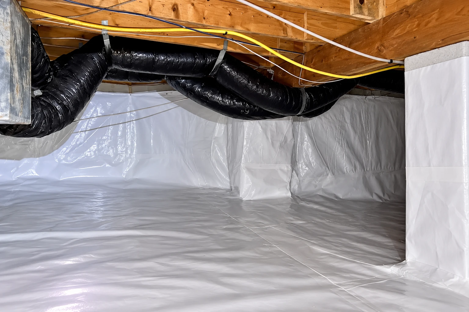 Crawl space lined with a white plastic vapor barrier, with black ducts and wiring beneath exposed wooden joists.
