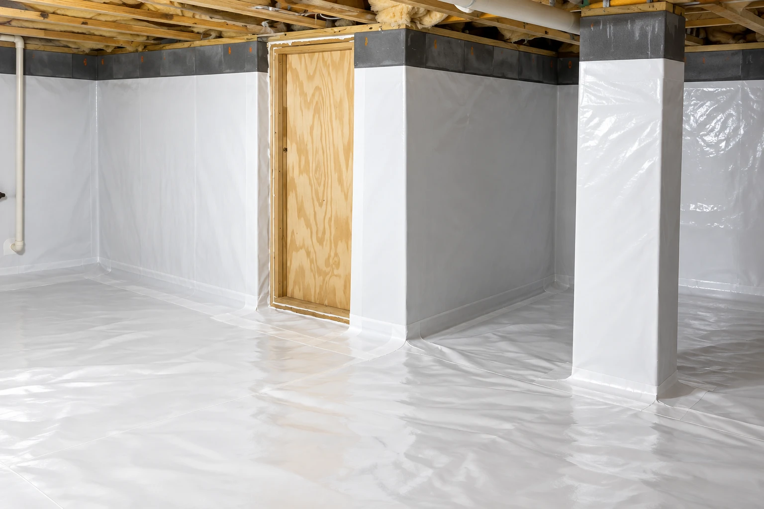 A crawl space is lined with white vapor barrier across the floor, walls, and support columns, with a wooden access door.