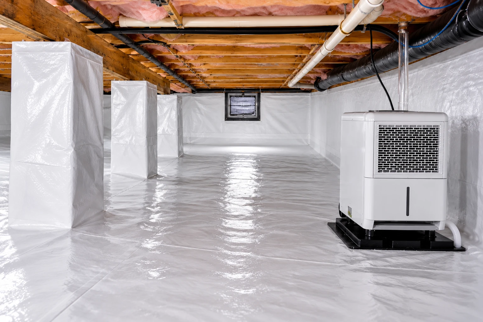 Crawl space lined with white vapor barrier sheeting, with a dehumidifier beneath exposed joists and pipes.