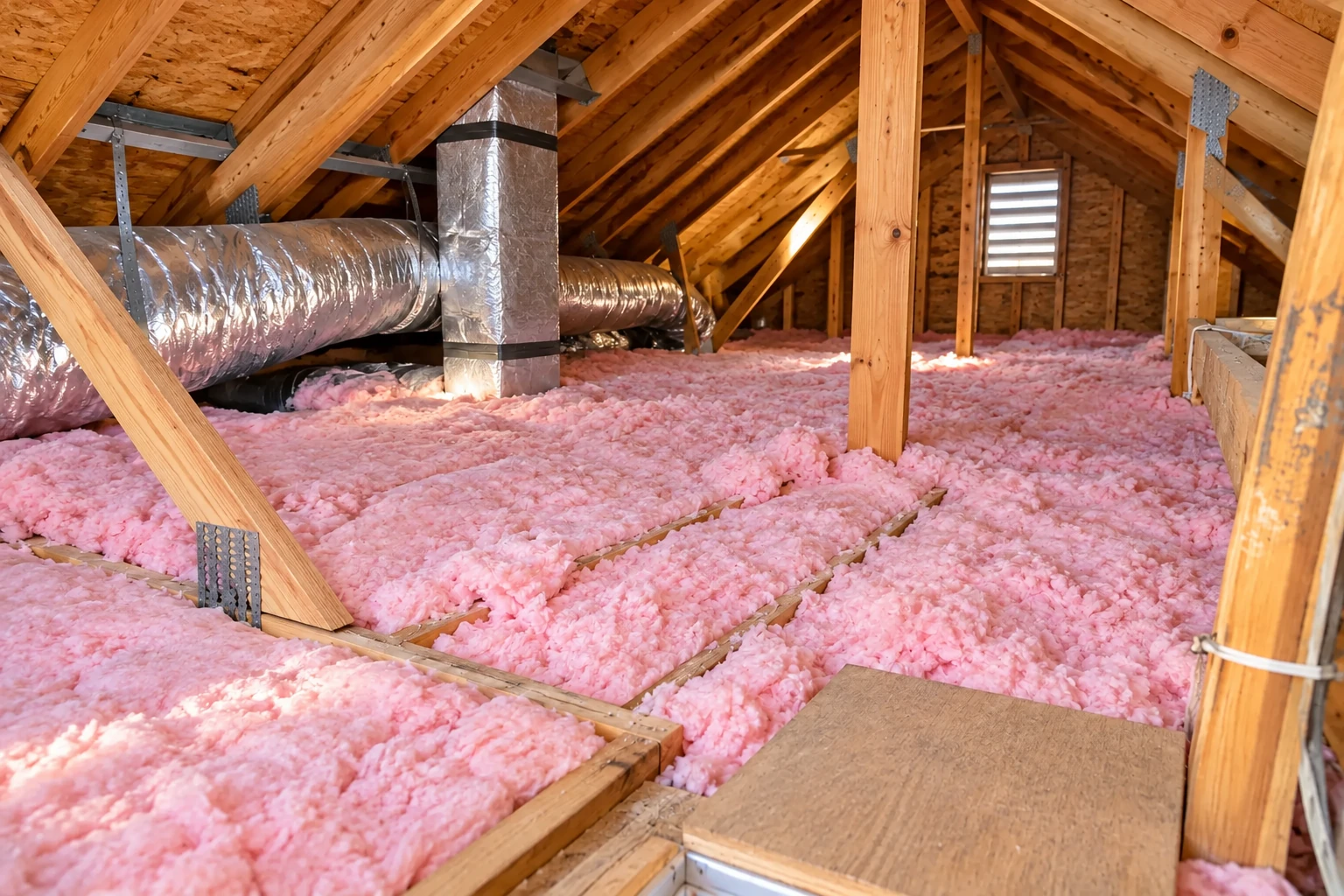 Pink fiberglass insulation covers the floor of a wooden attic beneath exposed roof trusses and a metal air duct.