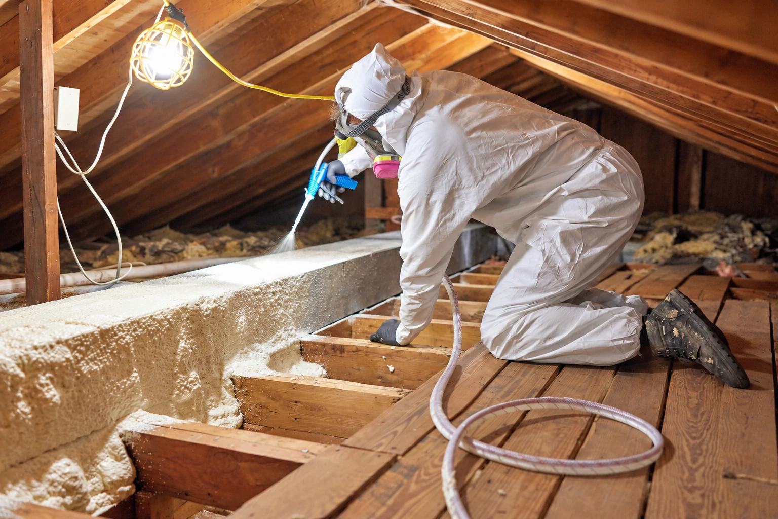 A worker in protective coveralls sprays foam insulation onto a beam in an unfinished attic.