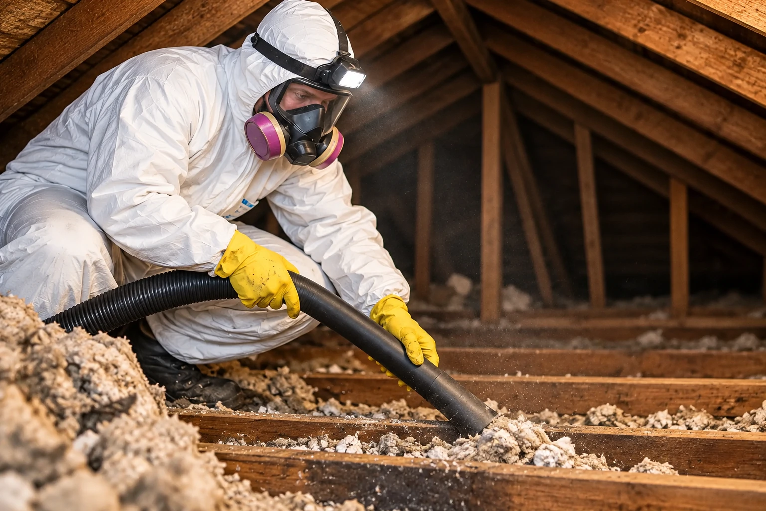 A worker in protective coveralls and a respirator vacuums loose attic insulation with a hose.