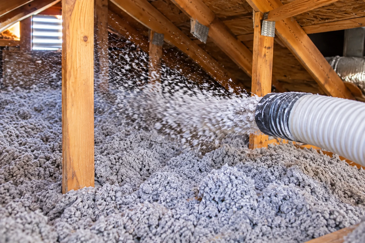 Blown-in insulation is sprayed from a large hose across the floor of a wooden attic.