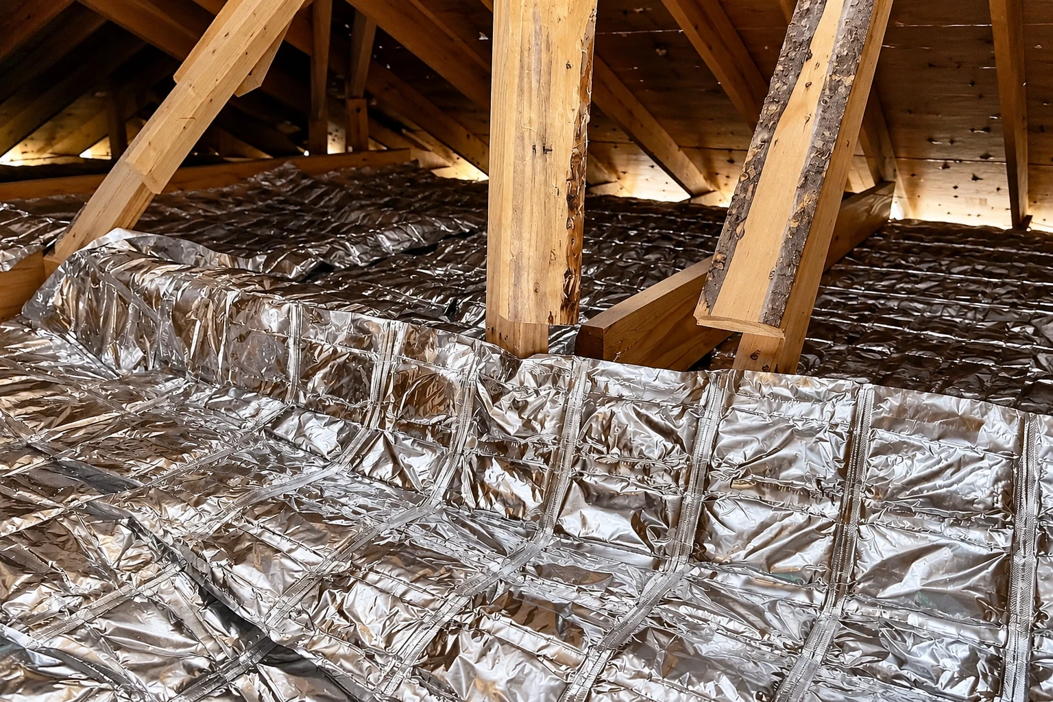 Reflective vapor barrier sheeting covers the floor between exposed wooden attic trusses.