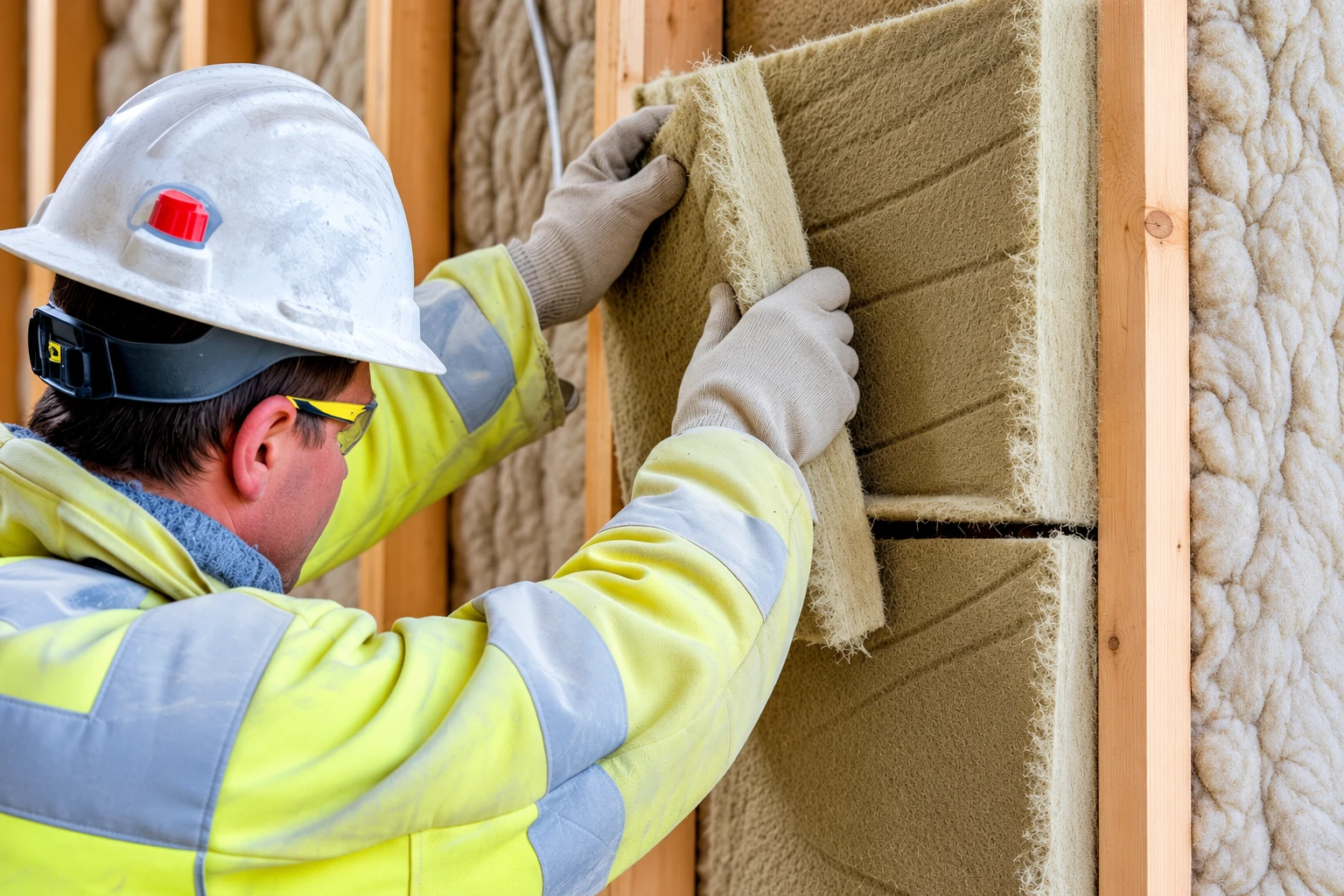 Worker in a hard hat fits a thick insulation batt between wooden wall studs.